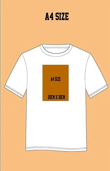 A4 size print guide on a white T-shirt, about 20 by 30 centimetres