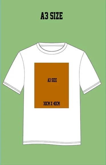 A3 size print guide on a white T-shirt, about 30 by 40 centimetres